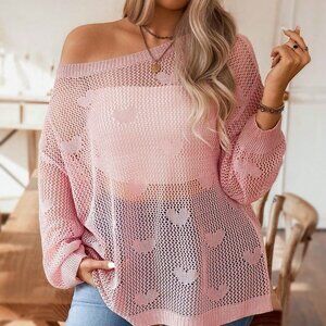 Pink Casual Women's Plus Size Hollow Out Sweater Pullover